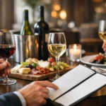 Gast liest eine Weinkarte im Restaurant neben mehreren Weingläsern