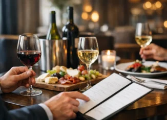 Gast liest eine Weinkarte im Restaurant neben mehreren Weingläsern