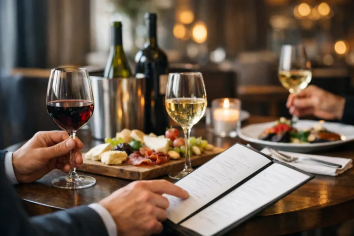 Gast liest eine Weinkarte im Restaurant neben mehreren Weingläsern