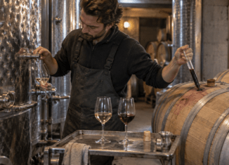 Winzer vergleicht Weißwein und Rotwein während des Ausbaus