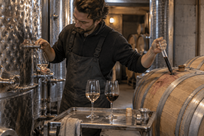 Winzer vergleicht Weißwein und Rotwein während des Ausbaus