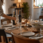 Gedeckter Tisch mit Wein für einen Gästeabend