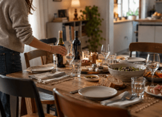 Gedeckter Tisch mit Wein für einen Gästeabend