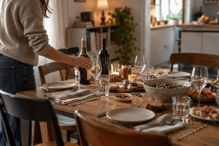 Gedeckter Tisch mit Wein für einen Gästeabend