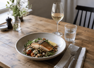 Lachsgericht mit Weißwein als Beispiel für Foodpairing