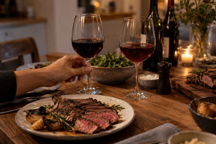 Rotwein und Steak als klassische Kombination