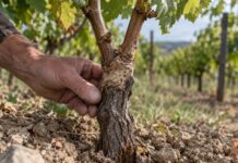 Die Reblaus: Warum Weinreben gepfropft werden Veredelte Weinrebe mit sichtbarer Pfropfstelle